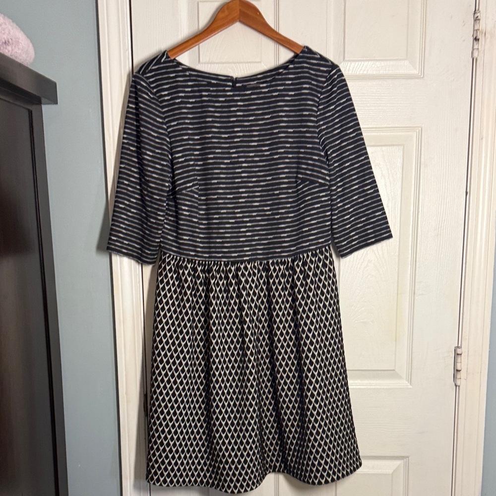 Taylor Navy and White Long Sleeve Fit-and-Flare Dress